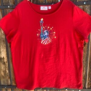 Quaker Factory Red Shirt for USA Holidays Embroidered with Statute of Liberty XL